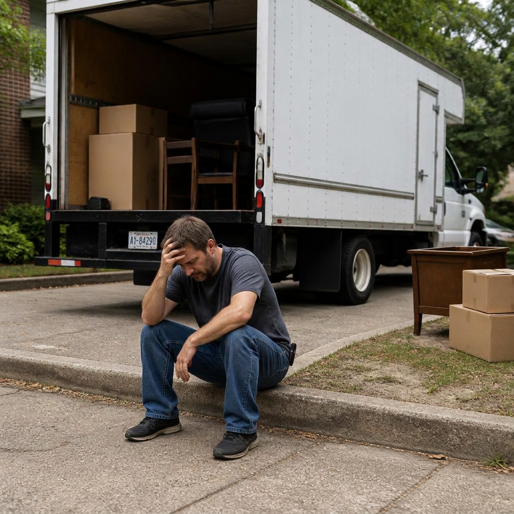 A man taking a break on the curb beside a rented moving truck full of furniture