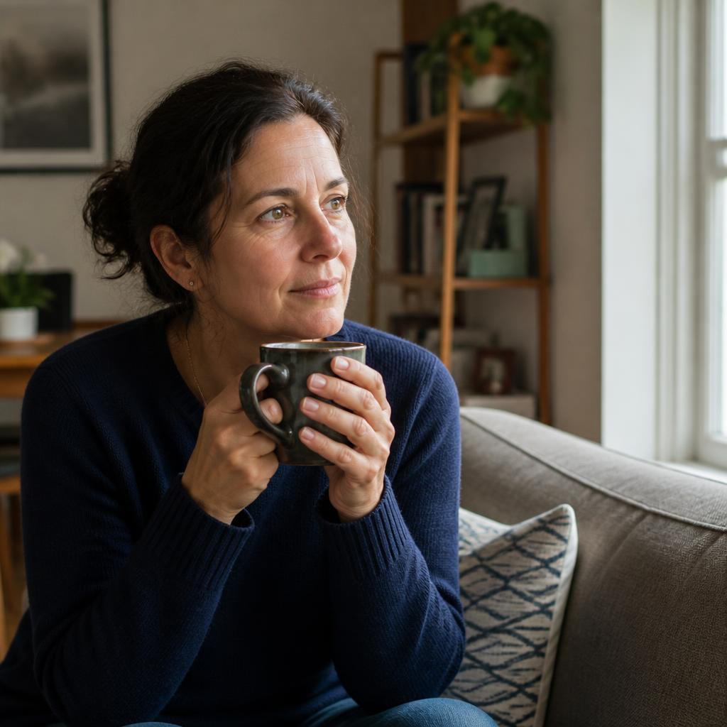A homeowner sitting quietly with a mug of coffee in her living room